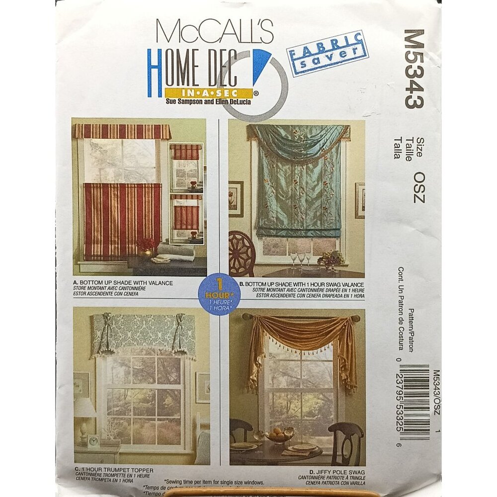 UNCUT McCalls Home Decor Pattern M5343 Fabric Saver for Window Treatments